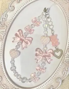 379 ピンク　くま　リボン　ハート　ビーズ　ストラップ　キーホルダー　チャーム