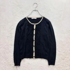 イマージュ/M/黒/配色デザイン/ニットカーディガン/フリル/クルーネック/春