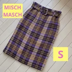 良品✨ミッシュマッシュ　ツイード　チェック　スカート　膝丈　紫　オレンジ