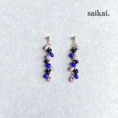 [1043]ティアドロップガラスの螺旋ピアス パープル ブルー ハンドメイド