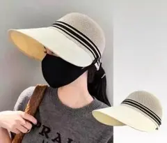 通気性メッシュサンバイザー ベージュ帽子　日焼け防止キャップ　紫外線防止ハット