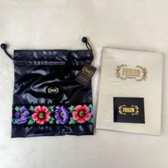 FEILER フェイラー 花柄刺繍 巾着袋 ブラック 未使用品 箱入り