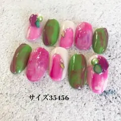 no36現品●ネイルチップ　ニュアンスネイル　個性派　ピンク　緑　派手　ぷっくり