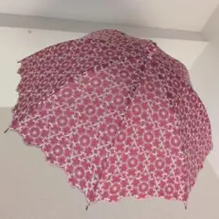 総刺繍ピンク日傘　パラソル綿麻　花柄
