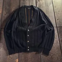 古着　ウールカーディガン　伸縮性　隠れストライプ　ブラック　ヴィンテージ黒XL.