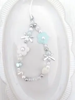 【韓国風】水色のお花〰︎︎ビーズストラップ⋆˙⟡約15cm C44