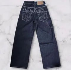 刺繍 バギーデニム ワイドデニム L ブラック 韓国 アメリカン ストリート　L