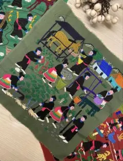【アジアン雑貨-3】働く姿　Art ハンドメイドパーツ　刺繍　絵画　カーキ