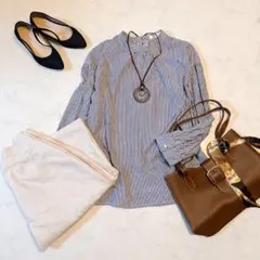 きれいめオフィスカジュアル コーデ売り セットアップ ストライプブラウス