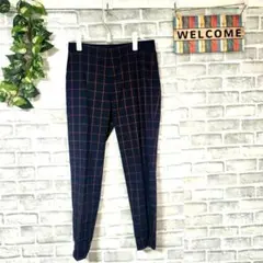 【美品】ユニクロ スマートアンクルパンツ M 紺×オレンジ 格子柄 2WAY
