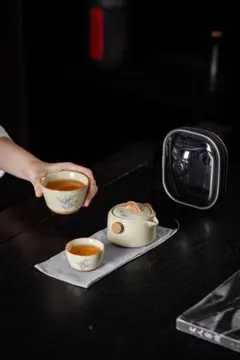 【極美品】携帯茶器セット 旅行用 ティーセット 竹絵 陶器 収納ケース付き