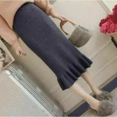 ニットスカート　裾フリル　レディース　グレー　タイト