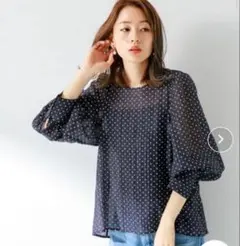 ネイビー ドット柄 長袖ブラウス