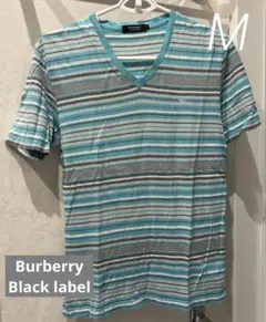バーバリー　ブラックレーベル　水色ストライプTシャツ　M