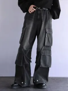 【LILL】オーバーサイズバギーマルチギミックカーゴデニムパンツ