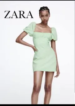 ZARA ギンガムチェックオープンバックミニワンピース　パフスリーブ