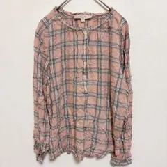 長袖 チェックブラウス 【M】ピンク系 フリルネック ナチュラル トップス
