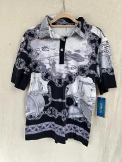 ☑️【新品】総柄ポロシャツ/地図チェーン帆船/Tシャツ/ML/Ocean/半袖