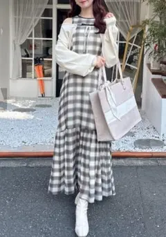 新品　ボレロセットノースリワンピース ベージュ系ベージュチェック　半額以下のサムネイル
