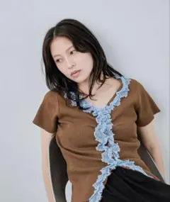 ジーナシス JEANASIS 14Gレーストリムリブカーディガン SS ブラウンのサムネイル