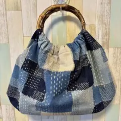 リンググラニーバッグ バンブー 刺し子調パッチワークデニム風