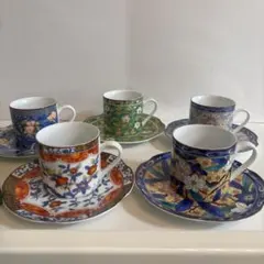 【未使用品】有田焼 古伊万里 雅峰窯 絵変わり京友禅コーヒーカップ ソーサー5客