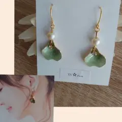 シンプルパールと花びらピアス緑