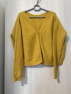 カシミヤ100リブ編み Vネック 長袖ニット マスタード