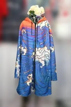 新品更にOFF❤メンズ 和モダン波柄ロングパーカー　3XL　シャギー裏地