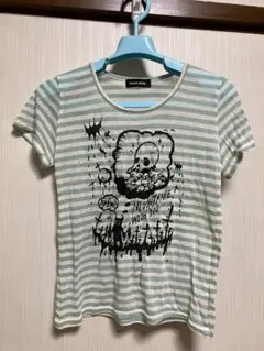 PEACE NOWミントグリーンボーダー柄半袖Tシャツスカル死神刺繍白色シアーのサムネイル