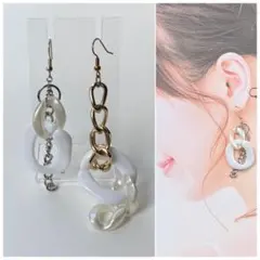6.大ぶり アシンメトリー チェーン ロング ピアス 白 ゴールド シルバー