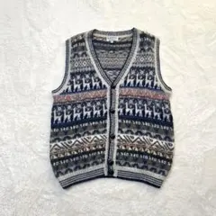 ペルー製 アルパカ100% ニットベスト リャマ柄 グレー マルチカラー M