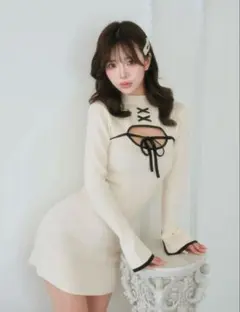 Darich フロントオープンリボンニットミニワンピース　ホワイト