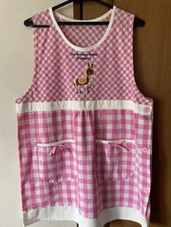 ピンク チェック柄 エプロン 動物刺繍