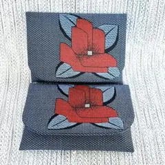 【着物リメイク】ポケットティッシュカバー2個セット【青赤椿】