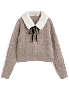 GRL ファーティペット付きケーブル編みニットカーディガンcc130