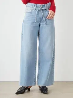 リボン付きハイウエストデニムワイドパンツ （snidel）