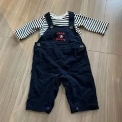 プティマイン　ボーダーロンパースとネイビーオーバーオールのセット