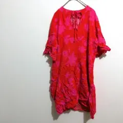 チュニック　花柄　赤　Vネック　五分袖　リボン　フレアスリーブ