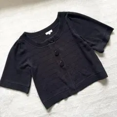 ROPE CLASSIC【M】綿混 フレアスリーブ 黒／半袖ニットカーディガンのサムネイル