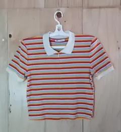 ZARA ザラ ボーダー ポロシャツ マルチカラー 半袖 クロップド丈