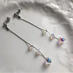 スワロフスキー クリスタルAB ロング シルバー ピアス