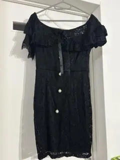 黒 レース オフショルダー ミニワンピース