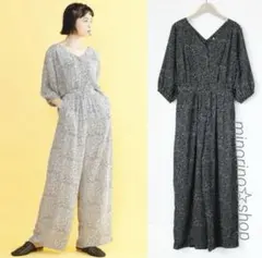 merlot ランダムドット柄ワイドパンツオールインワン BLACK