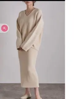 アダムエロペホワイトベージュ Vネック リブ編み セットアップ★