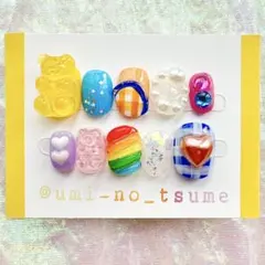 オーダー】 ネイルチップ 個性派 ピンク 水色 ポップ 原宿 ぷっくり