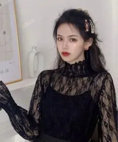 レース ハイネック ブラウス 黒shein