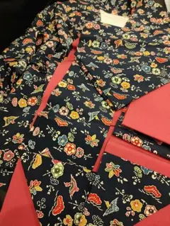 同柄２点セット　道中着　名古屋帯　紺色　吉祥紋様　四季草花　レトロ　アンティーク