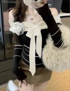 SHEIN オフショルダー黒白ストライプニット S