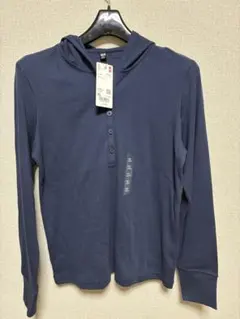 【美品】タグ付　UNIQLO フーデッドリブT ネイビ　XL